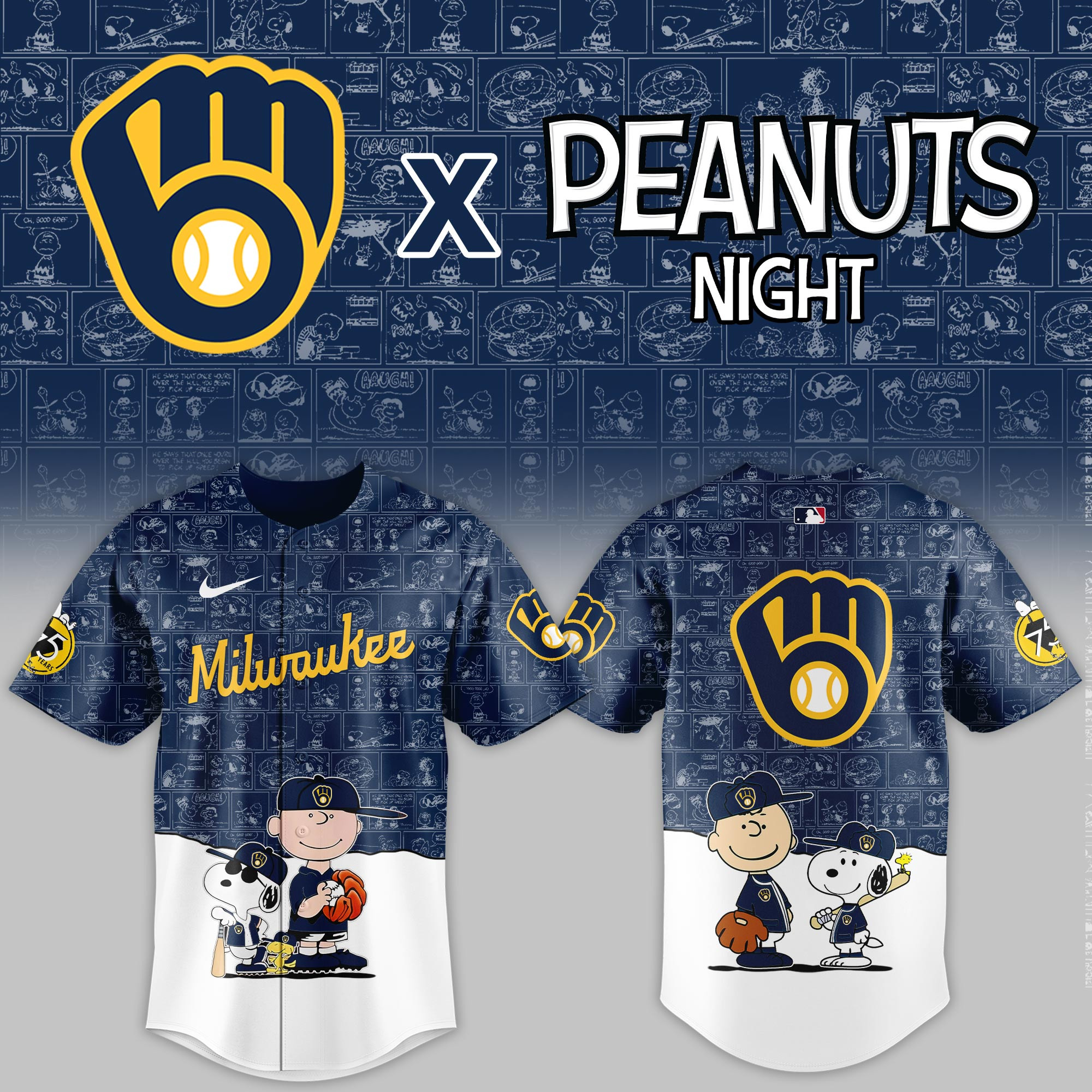 Milwaukee Brewers Mlb X Peanuts Night Baseball Jersey For Fan-1
