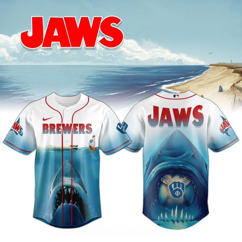Milwaukee Brewers X Jaws 50Th Anniversary Jersey 2025 Milwaukee Brewers Merch For Fans-1