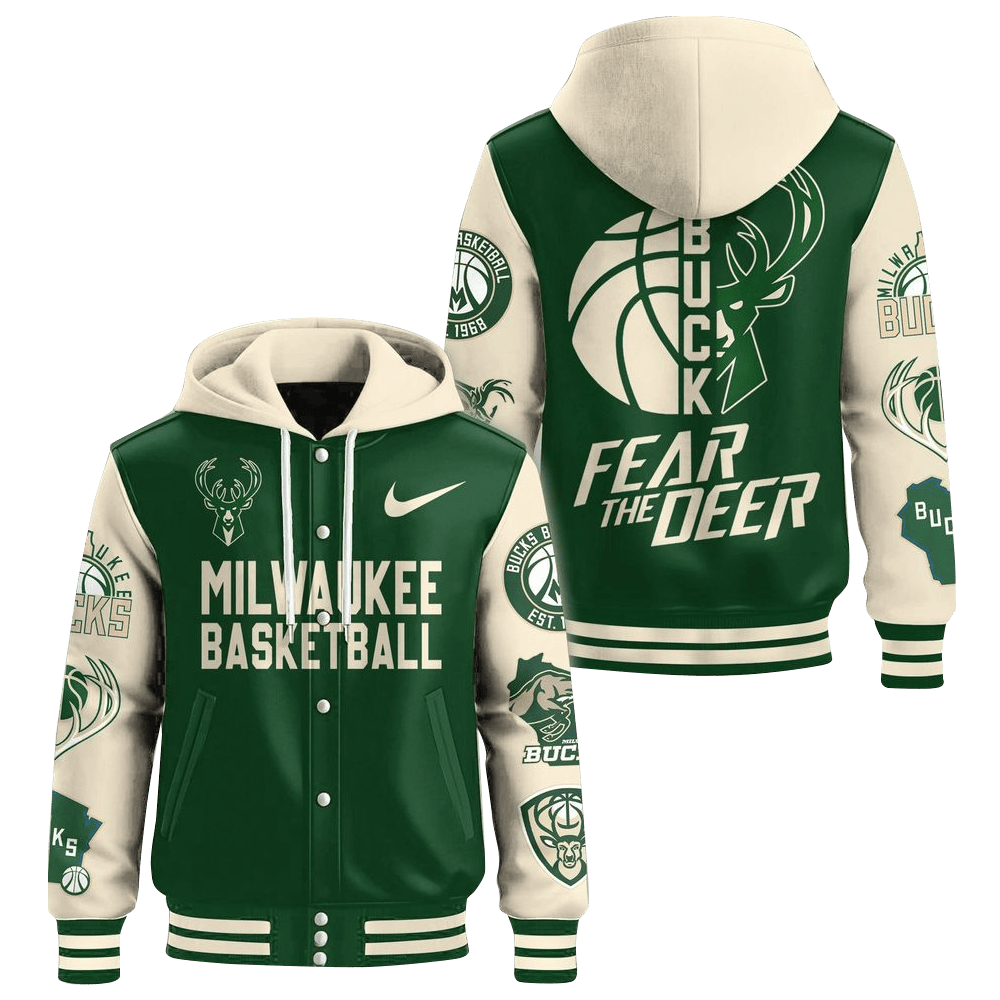 Milwaukee Bucks Fear The Deer Hooded Varsity Jacket Milwaukee Bucks Merch Father's Day Gifts-1