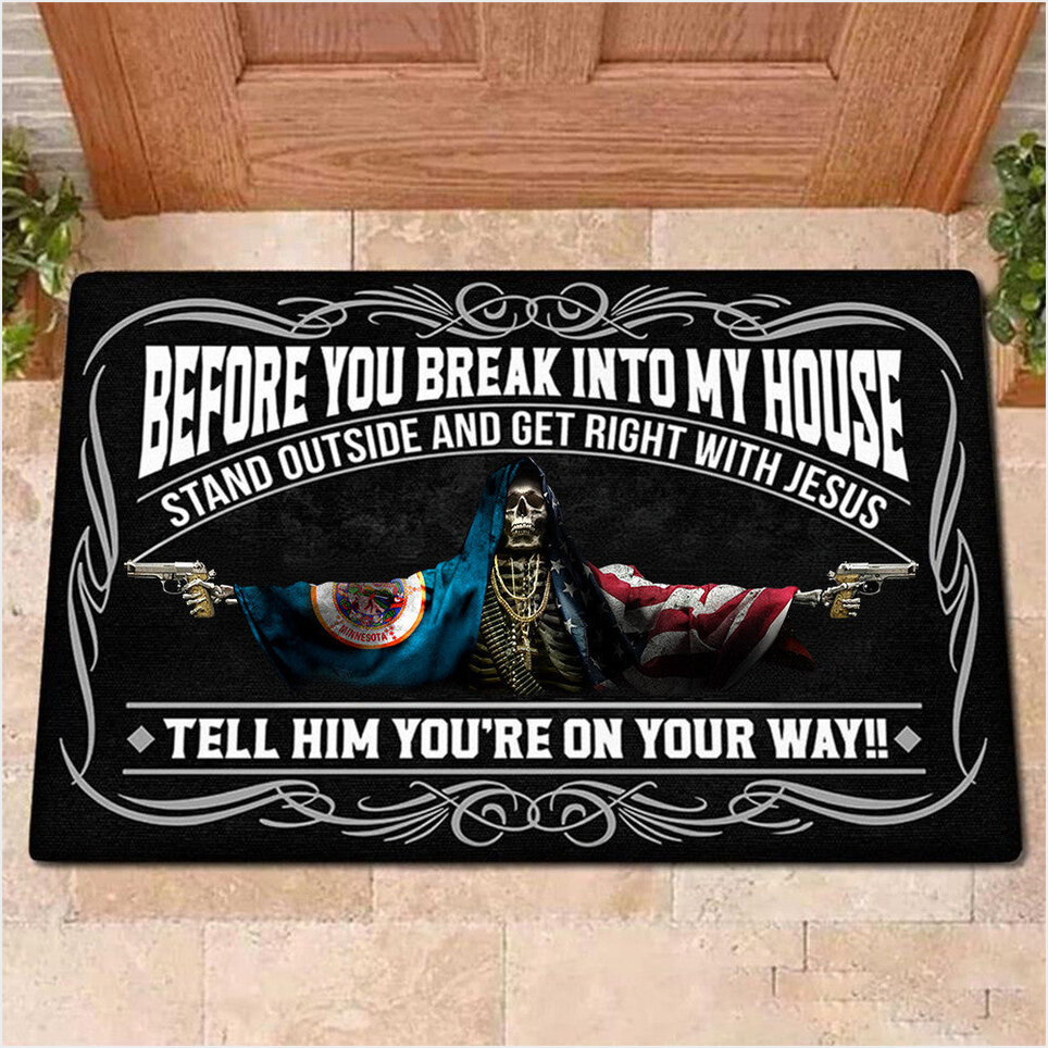 Minnesota Flag And American Flag Skull With Gun Doormat Before You Break Into My House Doormat-1