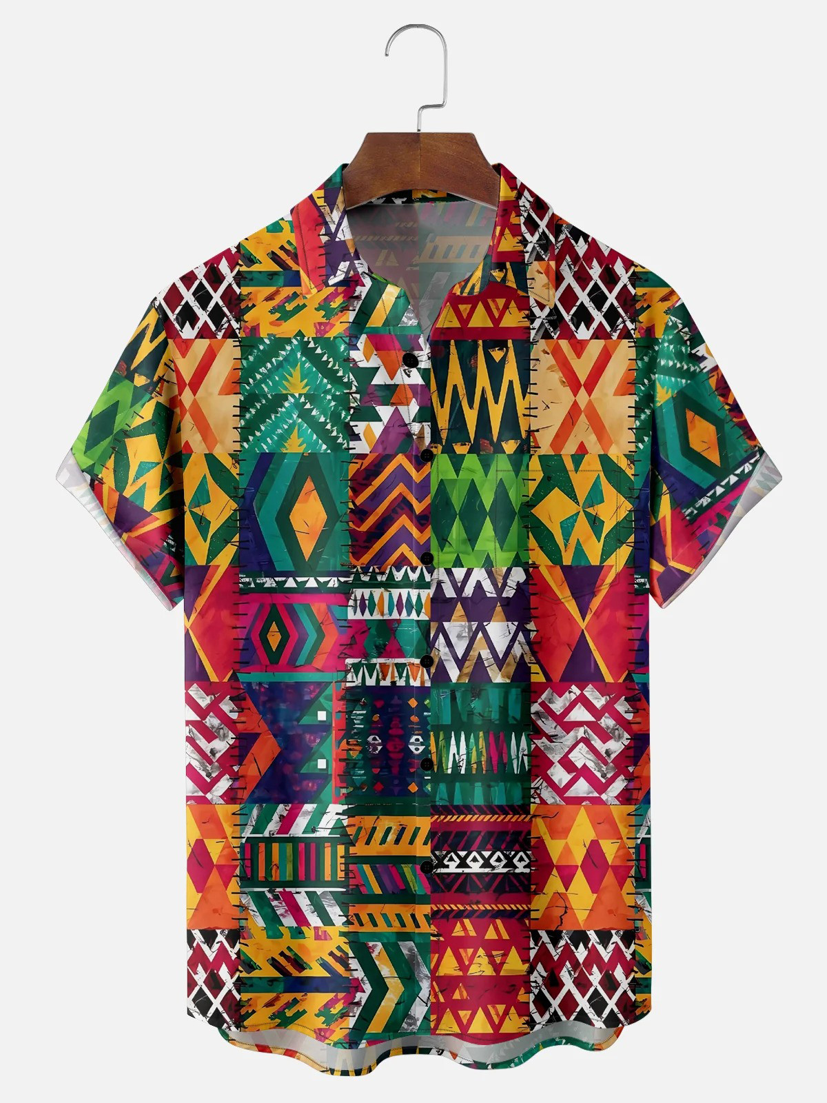 Moisture Wicking Abstract Geometric Paneling Check Chest Pocket Hawaiian Shirt-1
