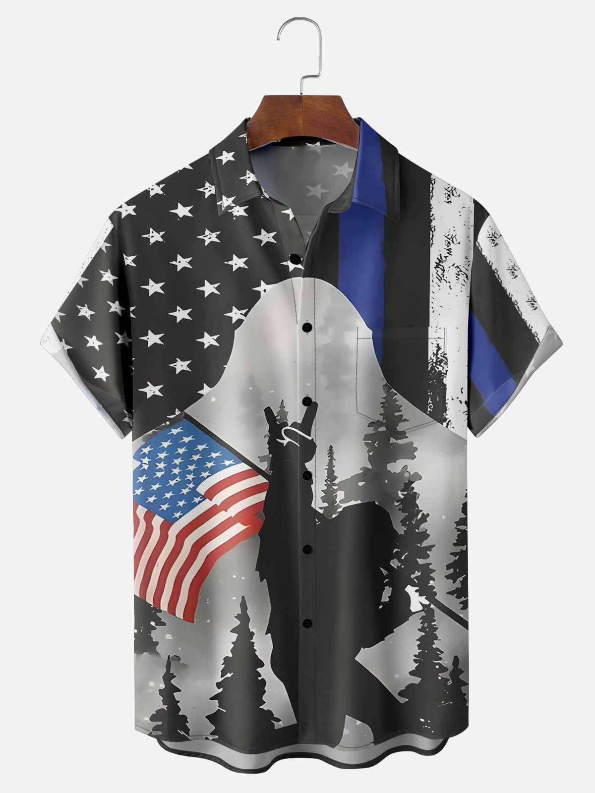 Moisture Wicking American Flag Bigfoot Mask Chest Pocket Casual Hawaiian Shirt-1