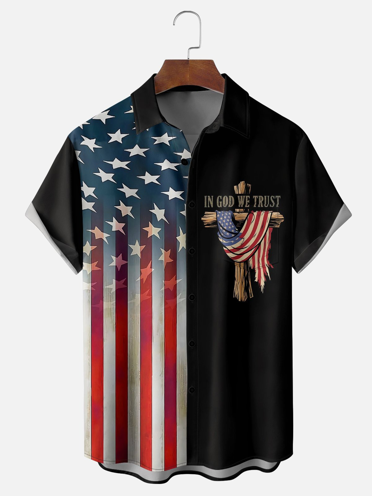Moisture Wicking American Flag Cross IN GOD WE TRUST Patriotic Chest Pocket Hawaiian Shirt-1