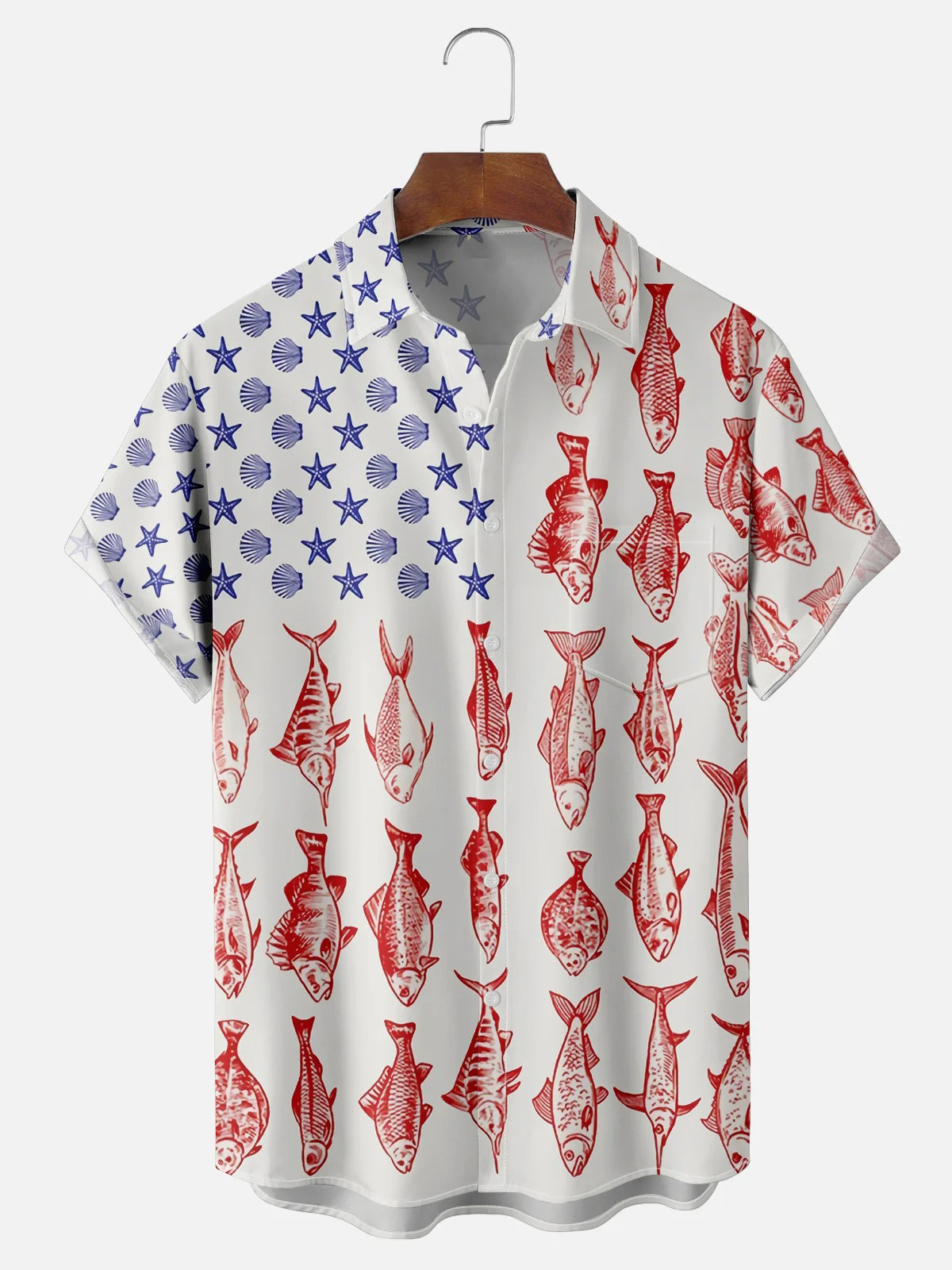 Moisture Wicking American Flag Fish Chest Pocket Hawaiian Shirt-1