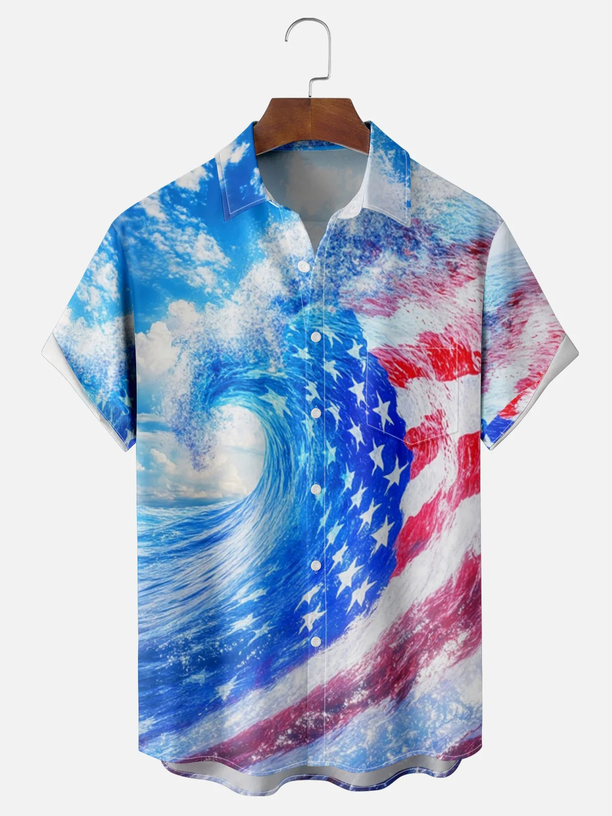 Moisture Wicking American Flag Ocean Wave Chest Pocket Hawaiian Shirt-1