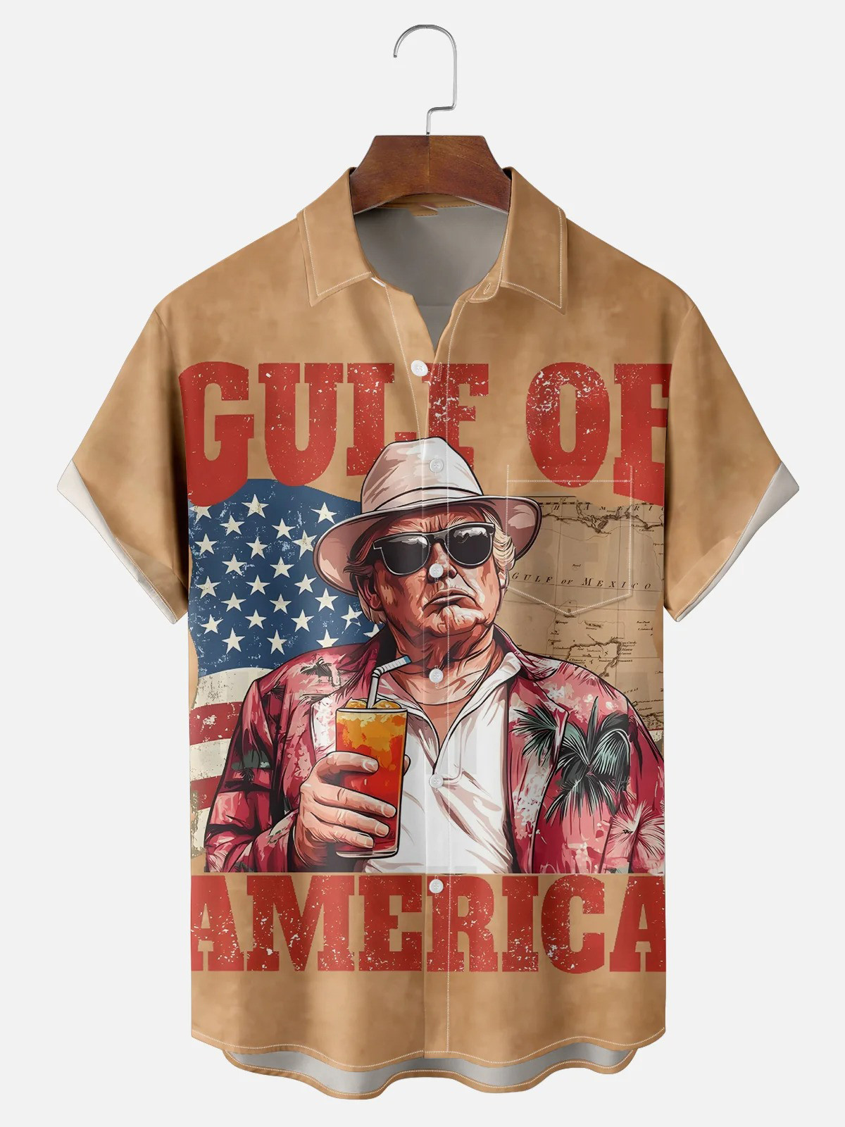 Moisture Wicking American Gulf Of Trump Chest Pocket Hawaiian Shirt-1