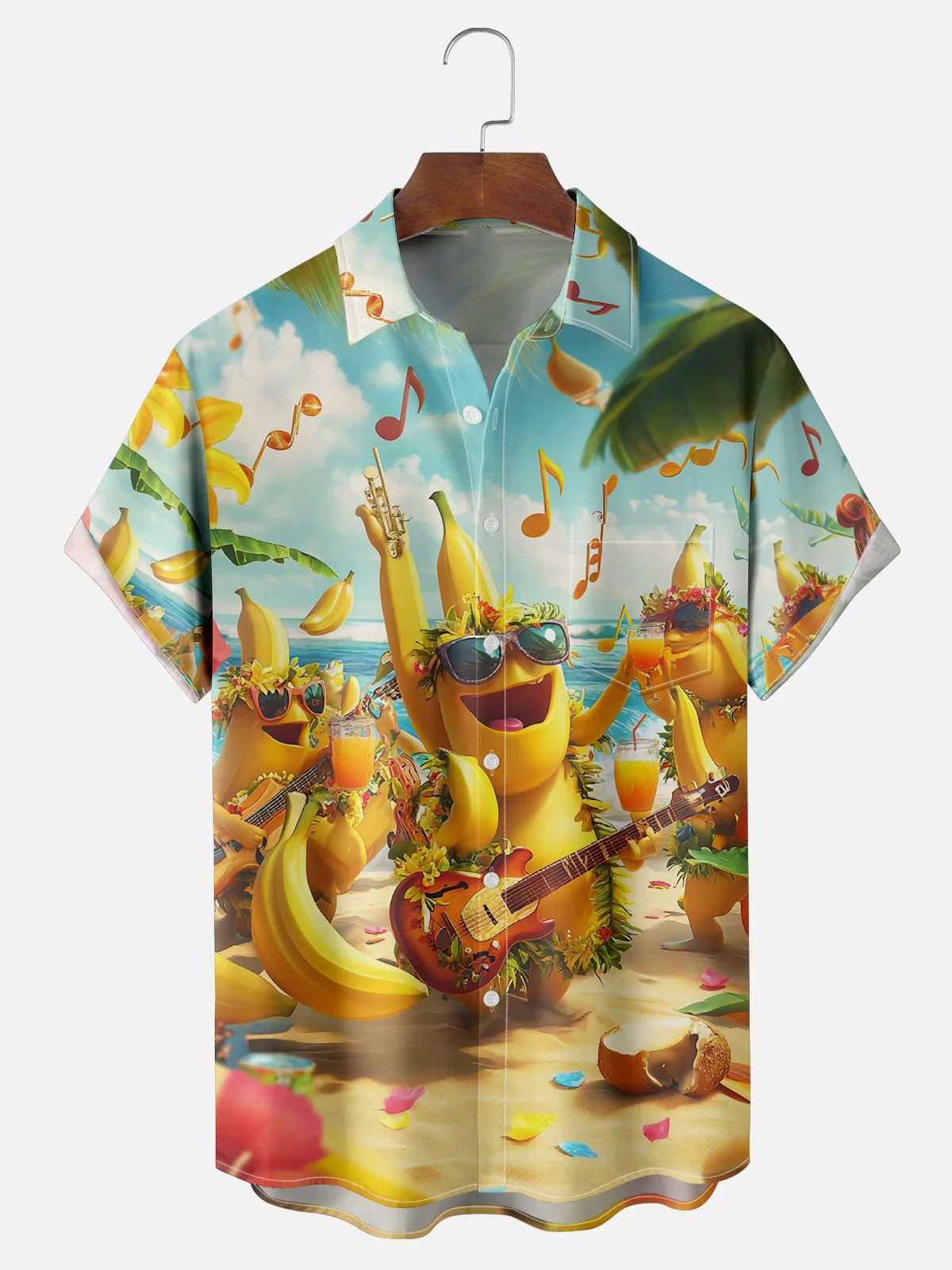 Moisture Wicking Beach Banana Music Party Chest Pocket Hawaiian Shirt-1