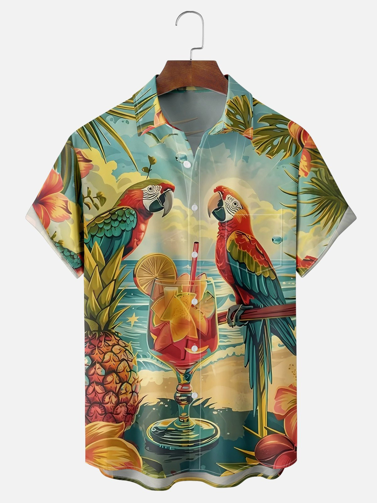 Moisture Wicking Beach Cocktail Parrot Chest Pocket Hawaiian Shirt-1