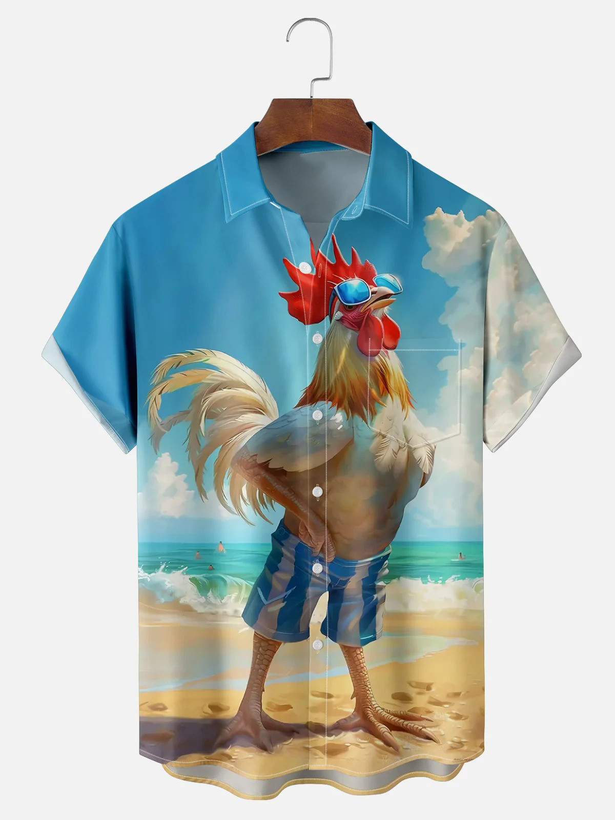Moisture Wicking Beach Fun Chicken Chest Pocket Hawaiian Shirt-1