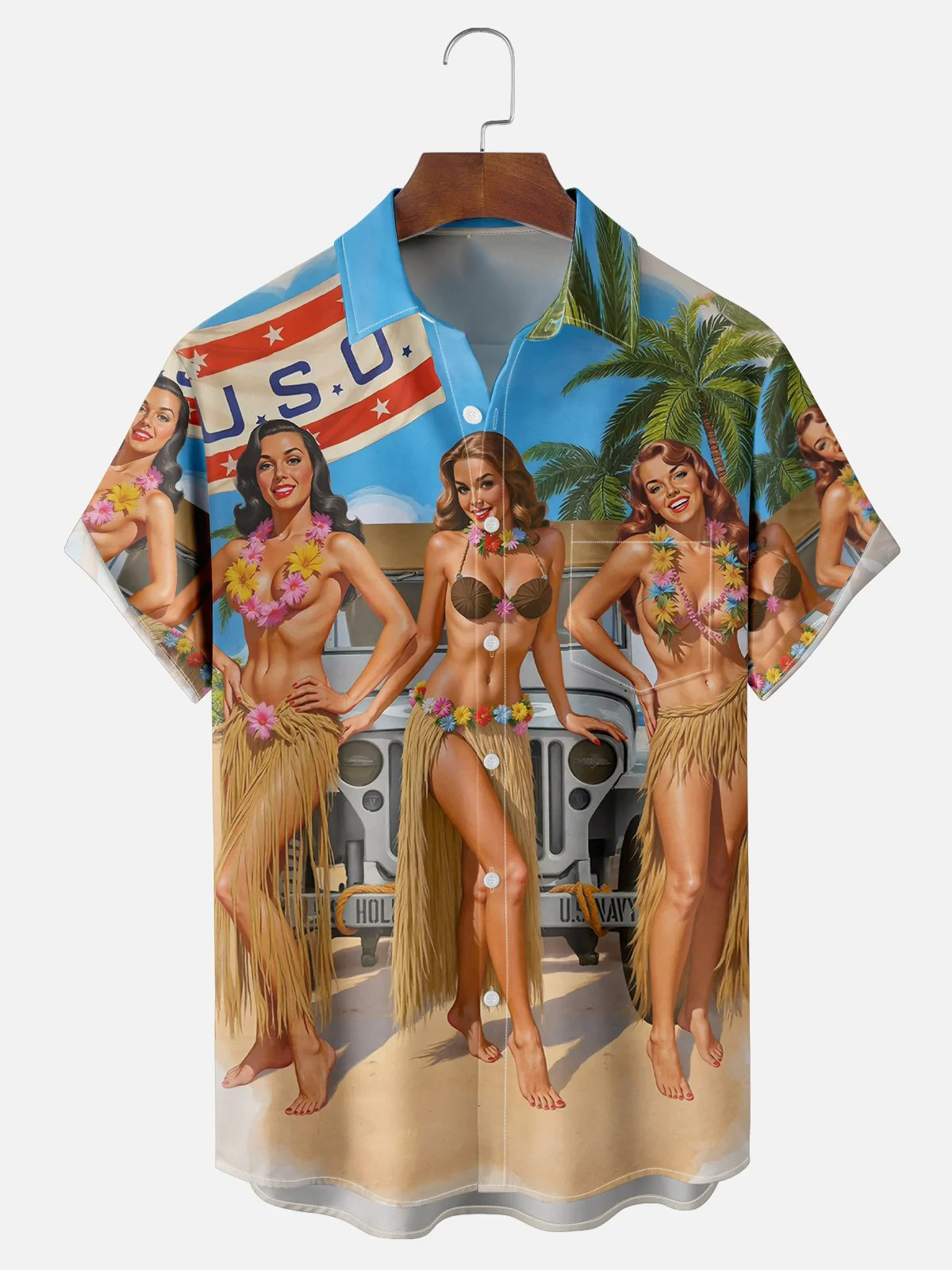 Moisture Wicking Beach Grass Skirt Beauty Chest Pocket Hawaiian Shirt-1