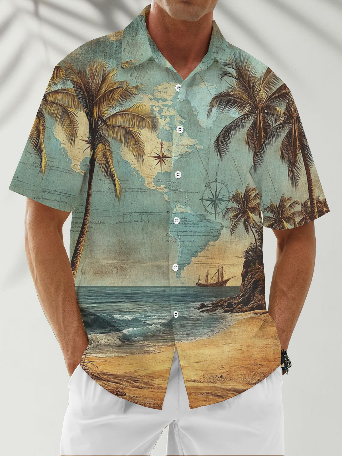 Moisture Wicking Beach Scenery Coconut Trees Chest Pocket Casual Shirt-1