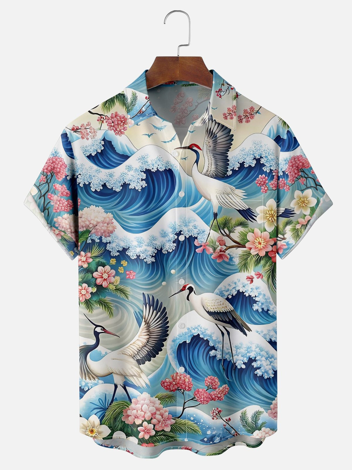 Moisture Wicking Botanical Ukiyo-e Crane Chest Pocket Hawaiian Shirt-1