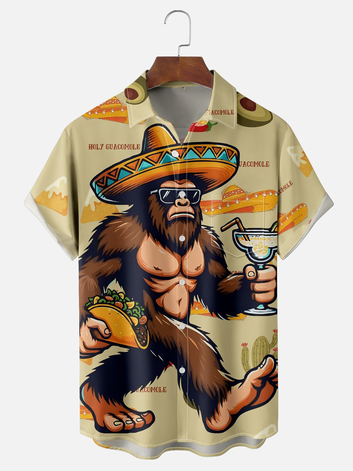 Moisture Wicking Cinco De Mayo Taco Guitar Hat Bigfoot Chest Pocket Hawaiian Shirt-1