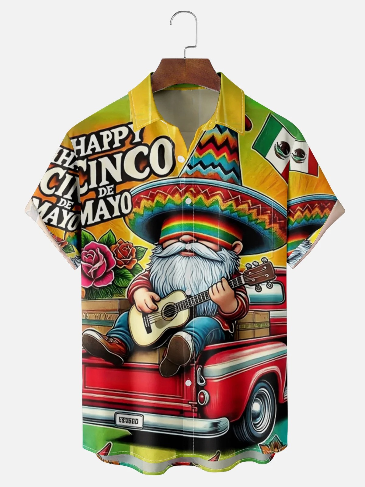 Moisture Wicking Cinco de Mayo Big Hat Midget Guitar Chest Pocket Hawaiian Shirt-1