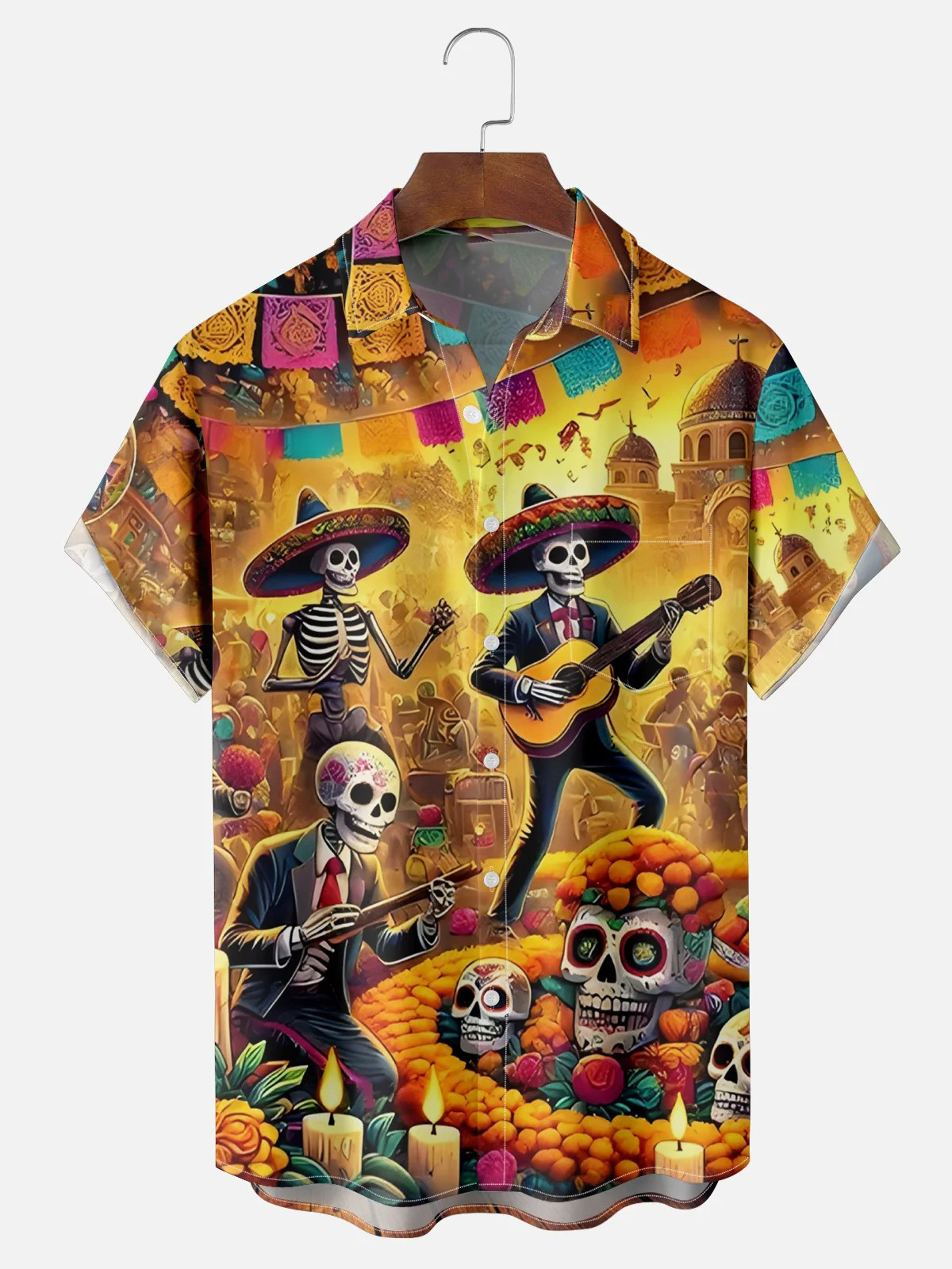 Moisture Wicking Cinco de Mayo Big Hat Skull Chest Pocket Hawaiian Shirt-1