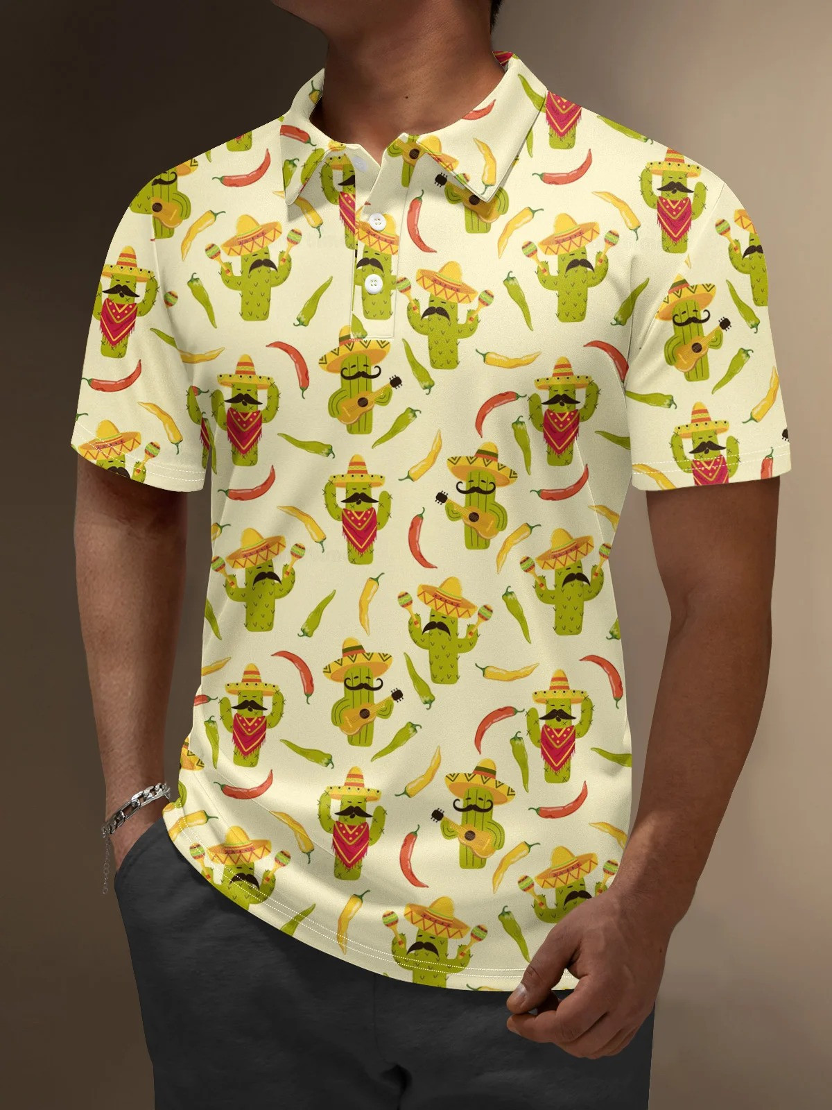 Moisture Wicking Cinco de Mayo Cactus Chili Guitar Golf Polo Shirt-1