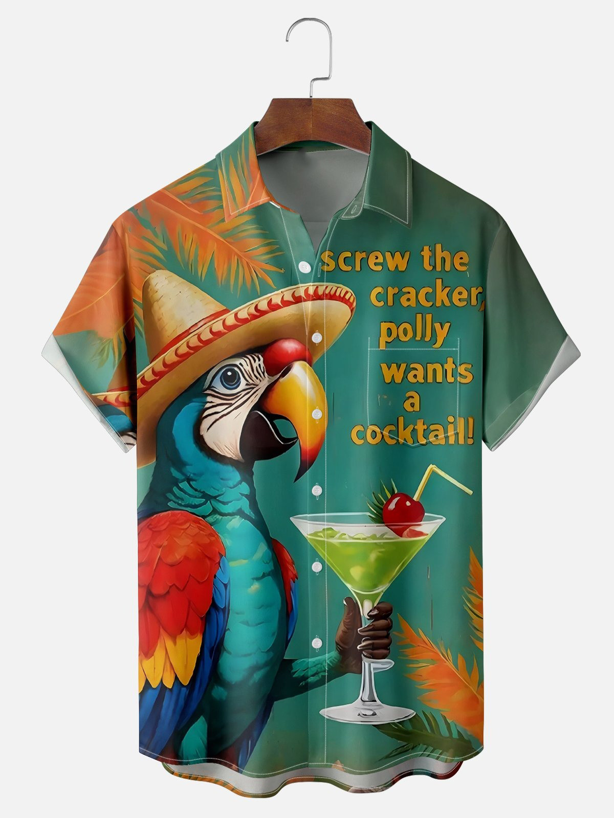 Moisture Wicking Cocktail Parrot Chest Pocket Hawaiian Shirt-1