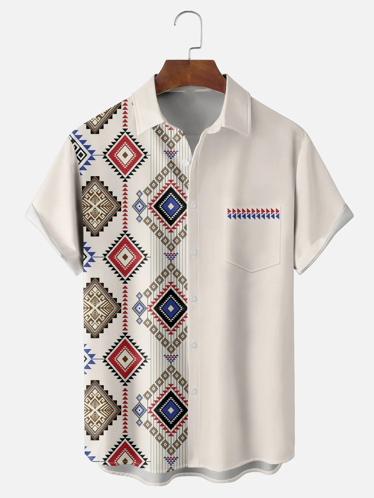 Moisture Wicking Ethnic Pattern Geometric lines Chest Pocket Hawaiian Shirt-1