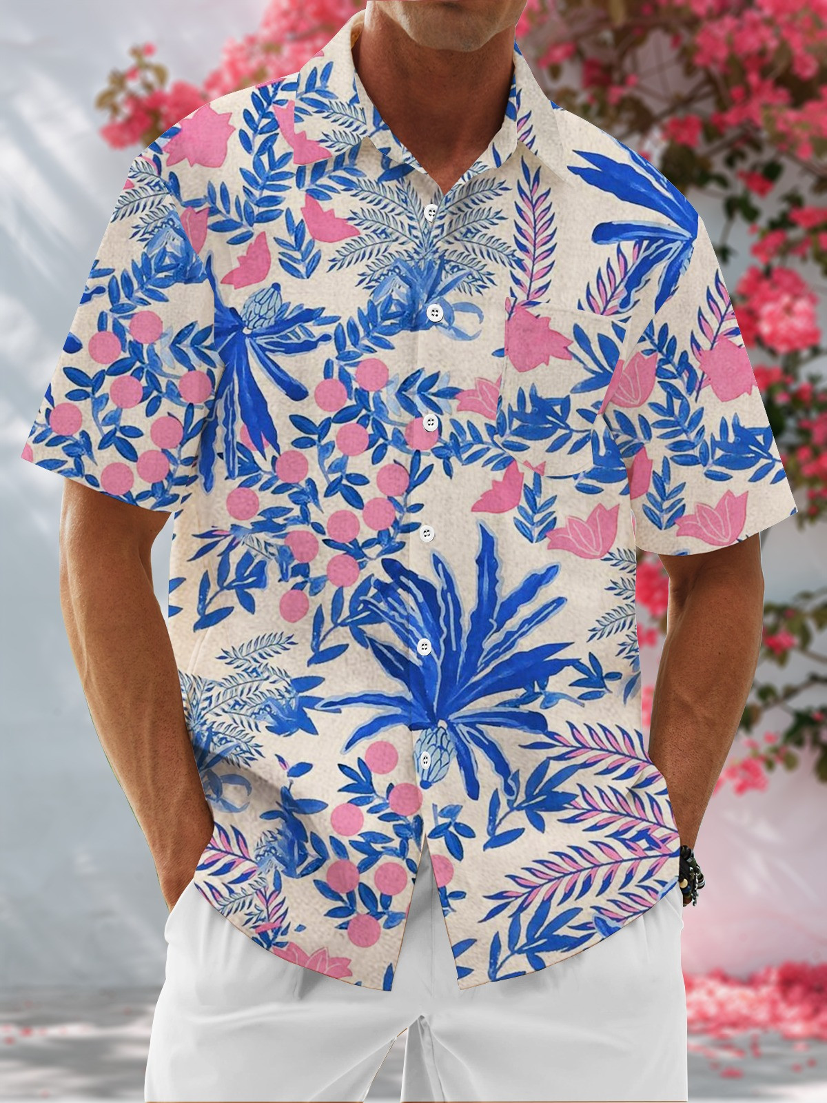 Moisture Wicking Floral Chest Pocket Hawaiian Shirt-1