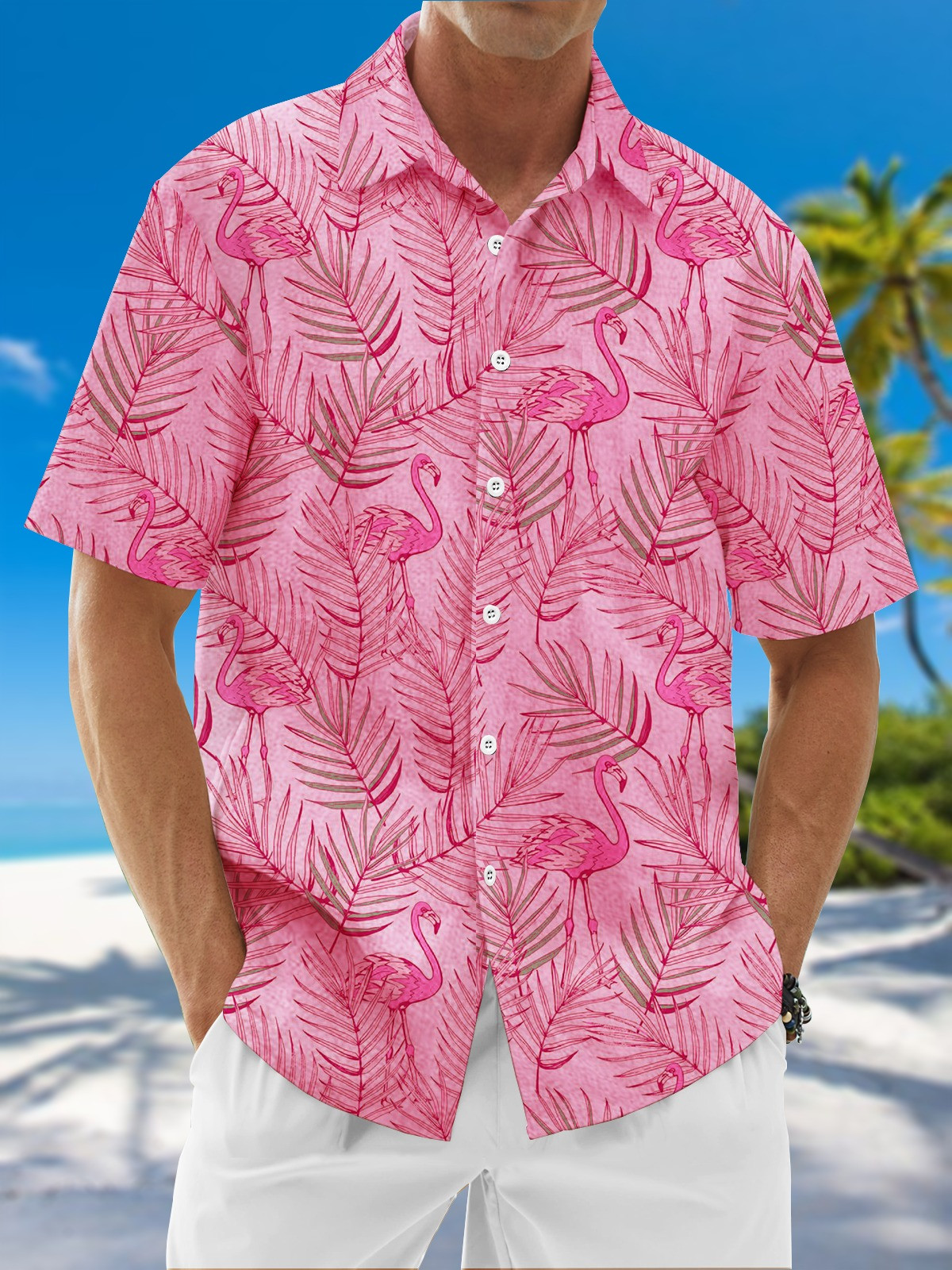 Moisture Wicking Floral Flamingo Chest Pocket Hawaiian Shirt-1