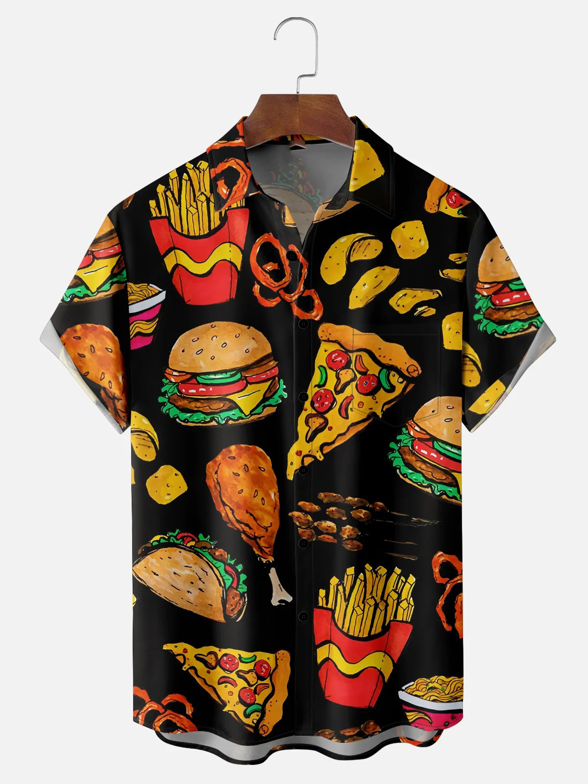 Moisture Wicking French Fries Burgers Potato Chips Fried Chicken Pizza Tacos Chest Pocket Hawaiian Shirt-1
