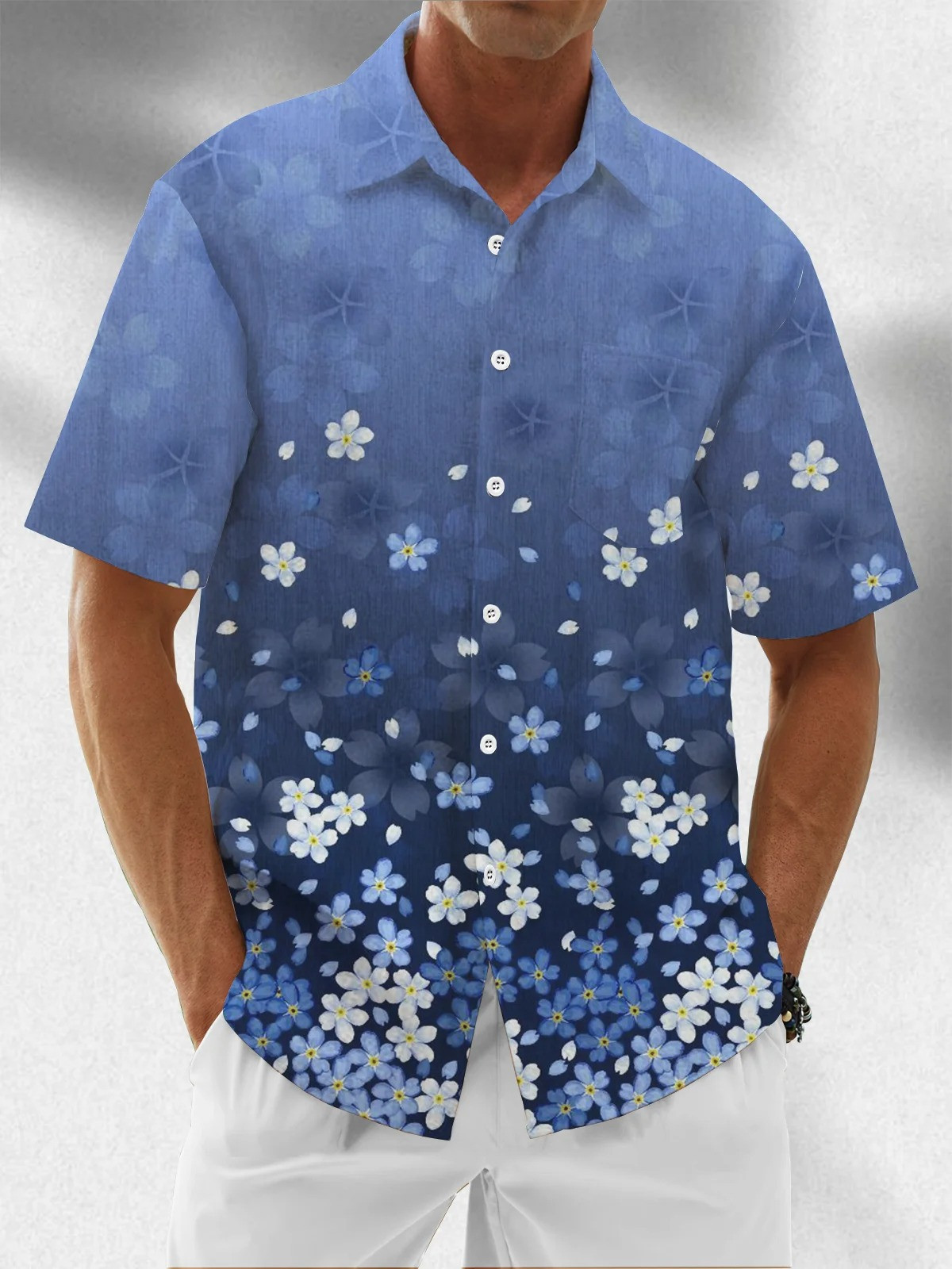 Moisture wicking Gradient plants Floral Chest pocket Hawaiian shirt-1