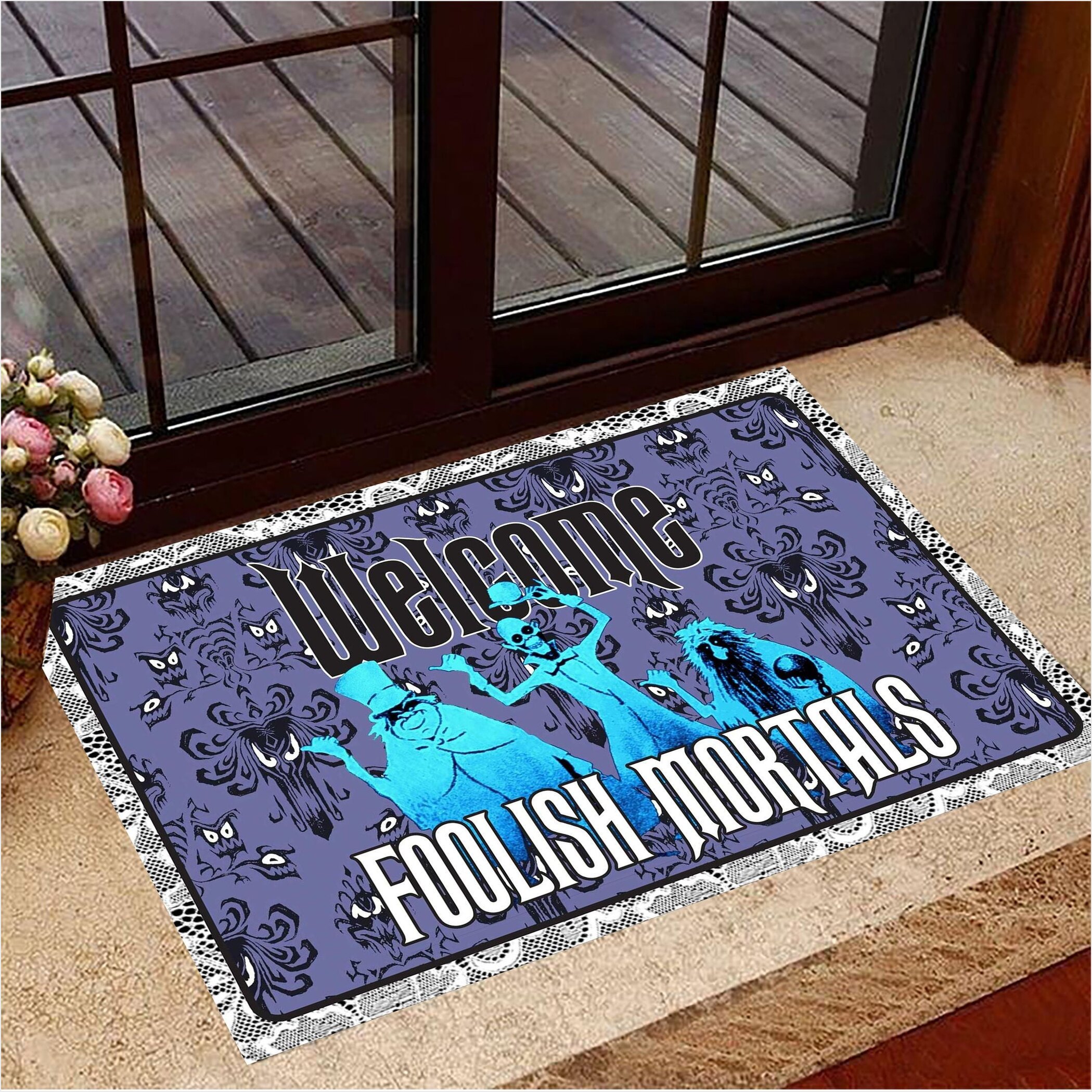 Monster Welcome Foolish Mortals Doormat Funny Welcome Mats Halloween Theme Decorations-1