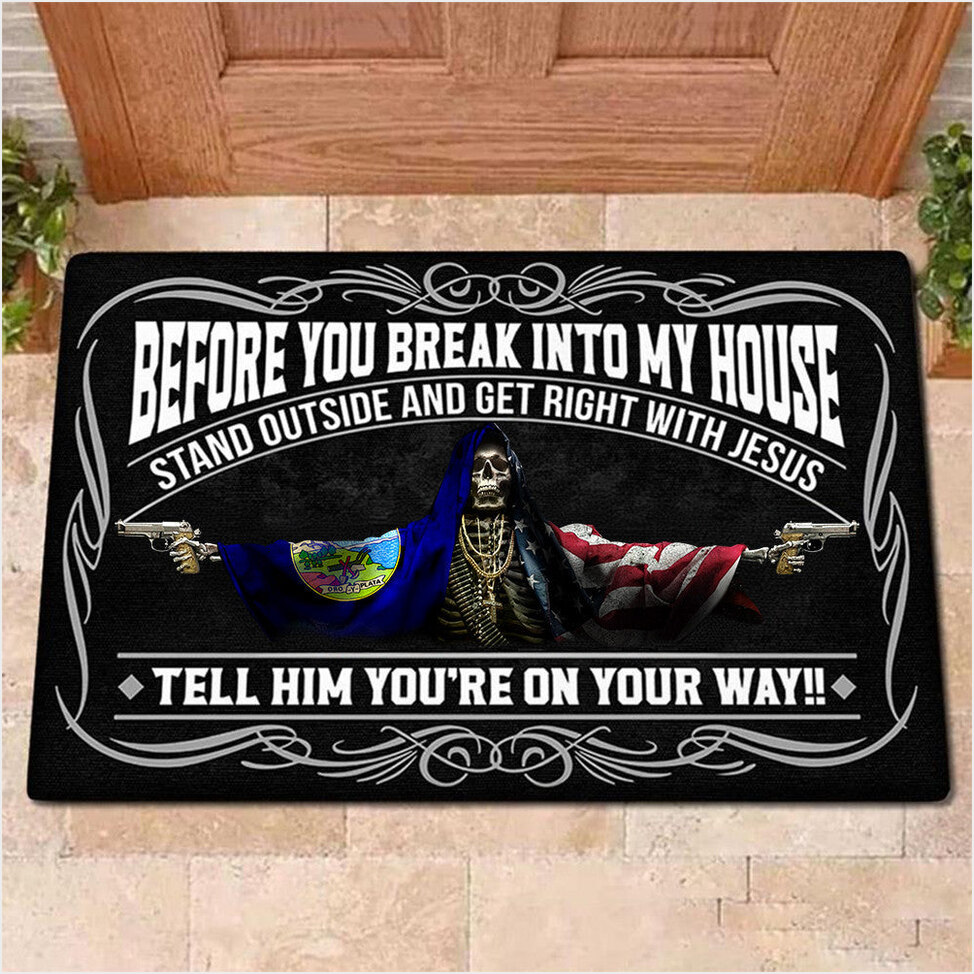 Montana Flag And USA Flag Skull With Gun Doormat Before You Break Into My House Doormat Decor-1