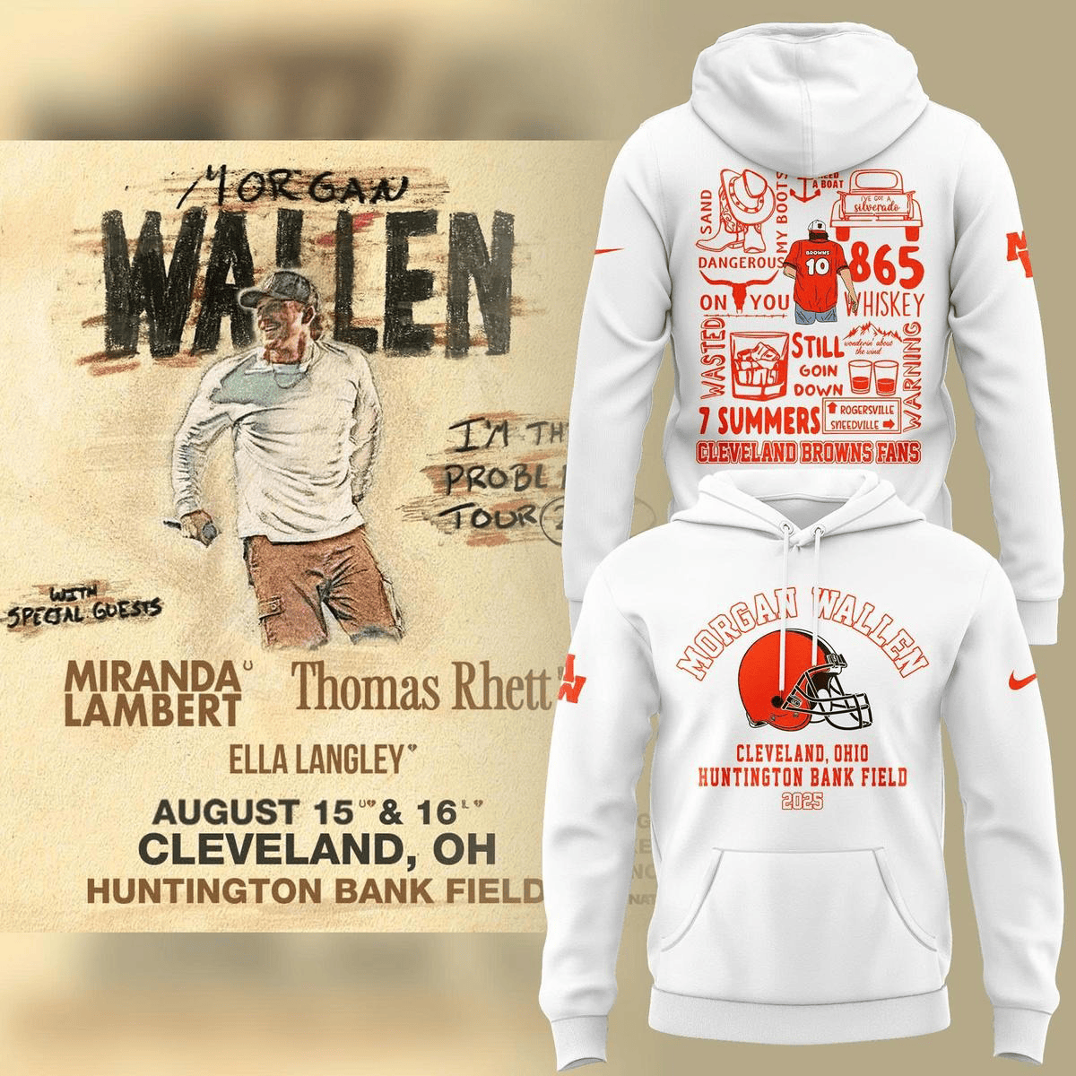 Morgan Wallen X Cleveland Browns 2025 Tour White Hoodie Fan Merch Dad Gifts-1