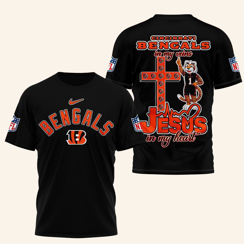 NFL Cincinnati Bengals Jesus In My Veins In My Heart Shirt Cincinnati Bengals Merch Dad Gifts-1