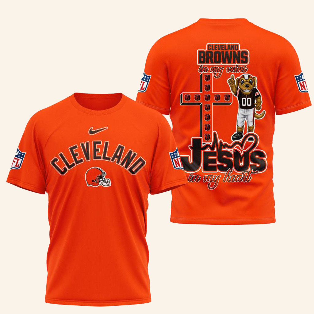 NFL Cleveland Browns Jesus In My Veins In My Heart Shirt Cleveland Browns Merch Fans Gifts-1
