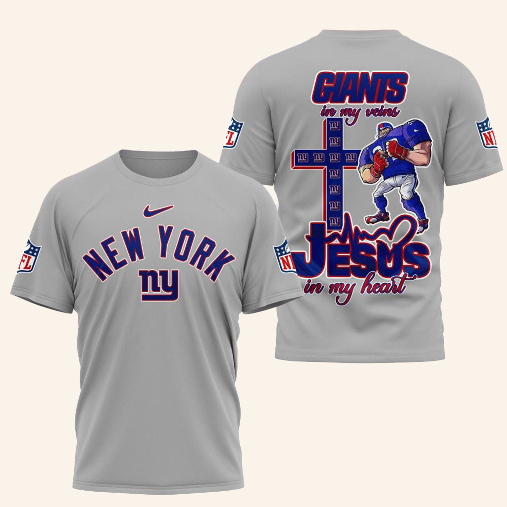 NFL New York Giants Jesus In My Veins In My Heart Shirt New York Giants Merch Gifts For Dad-1