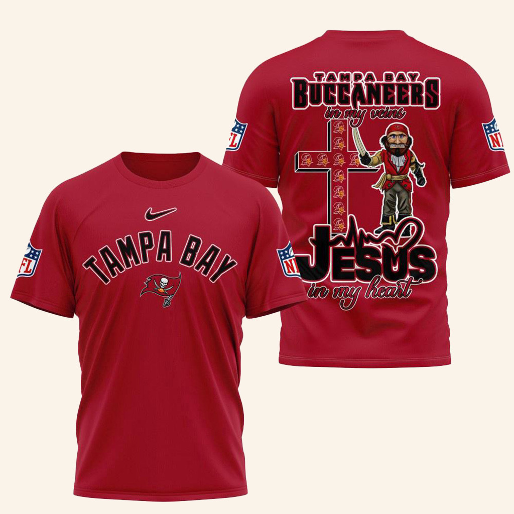 NFL Tampa Bay Buccaneers Jesus In My Veins In My Heart Shirt Buccaneers Merch Gifts For Fans-1