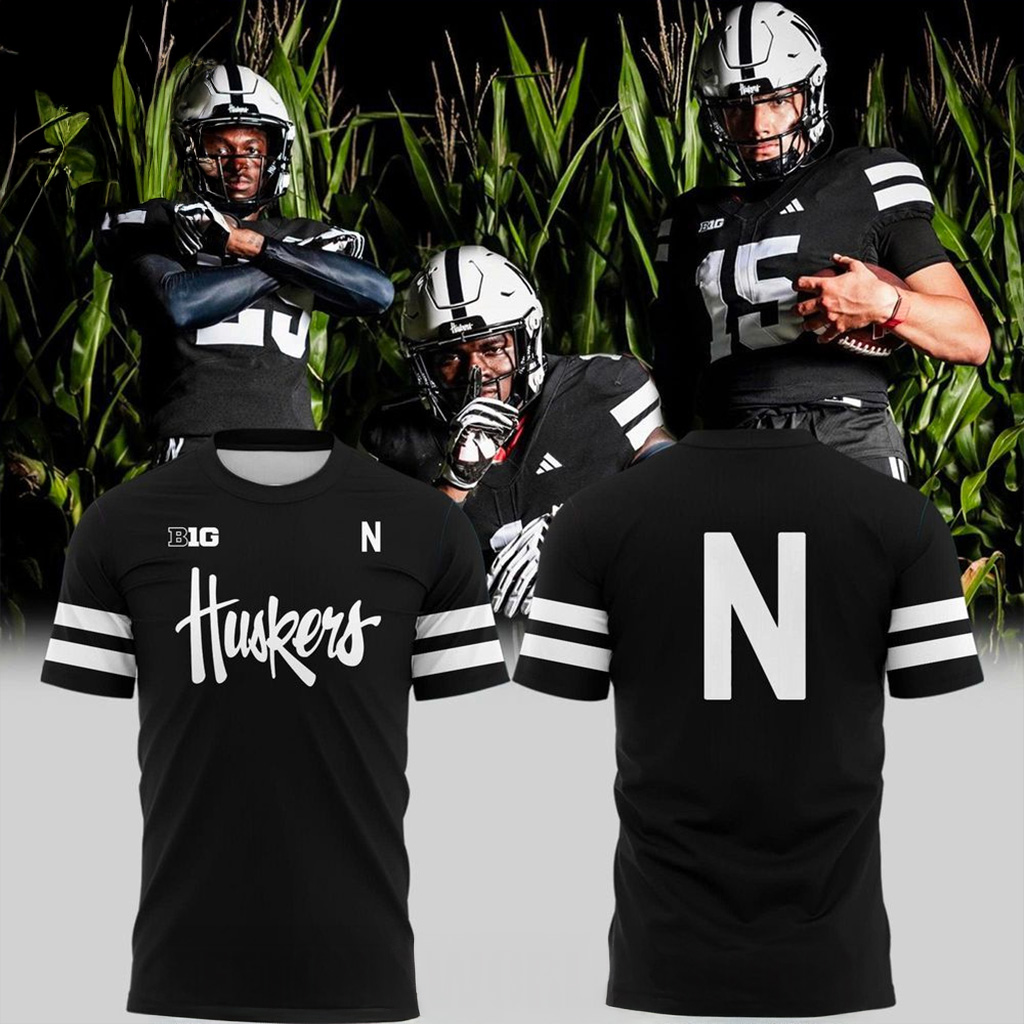 Nebraska Cornhuskers New Alternate Dark Mode Helmet Logo In Black T-Shirt Fan Merch-1 Nebraska Cornhuskers New Alternate Dark Mode Helmet Logo In Black T-Shirt Fan Merch-1