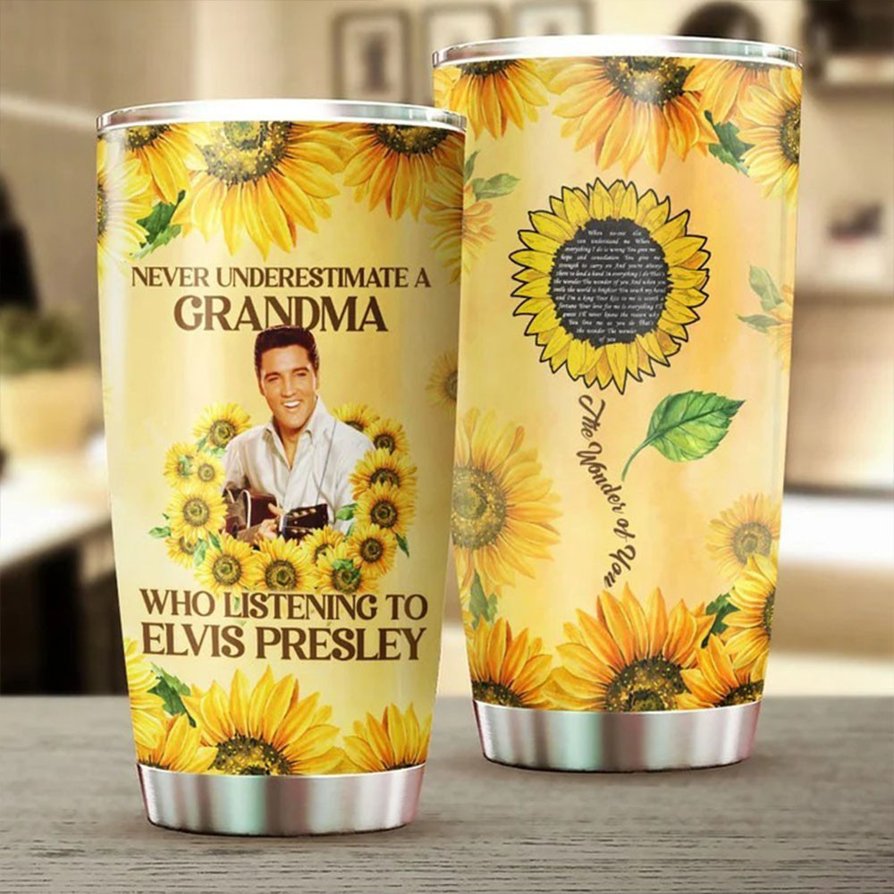 Never Underestimate A Grandma Who Listening To Elvis Presley Sunflower Tumbler Mother's Day Gifts-1