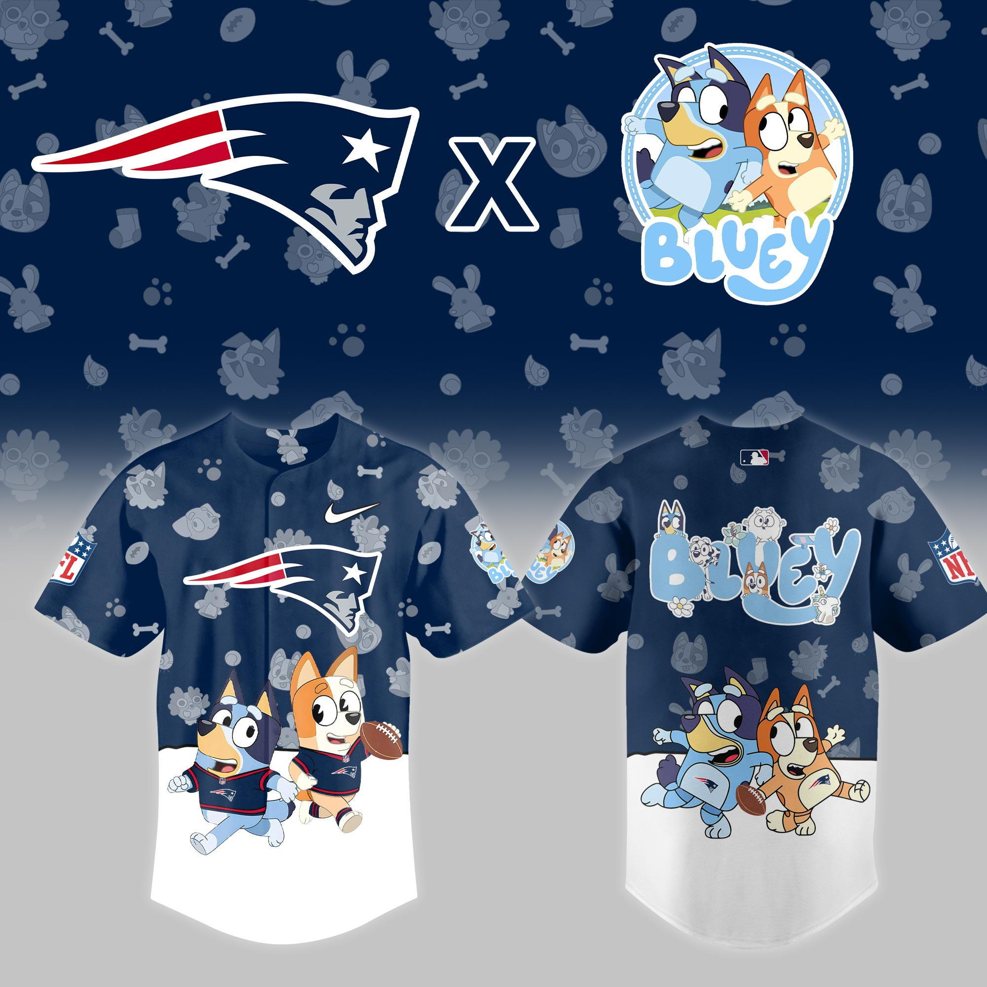 New England Patriots Nfl X Bluey Night Baseball Jersey For Fans-1