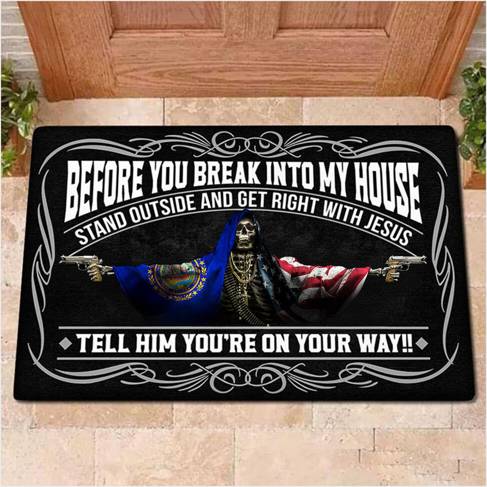New Hampshire Flag And USA Flag Skull With Gun Doormat Before You Break Into My House Doormat-1