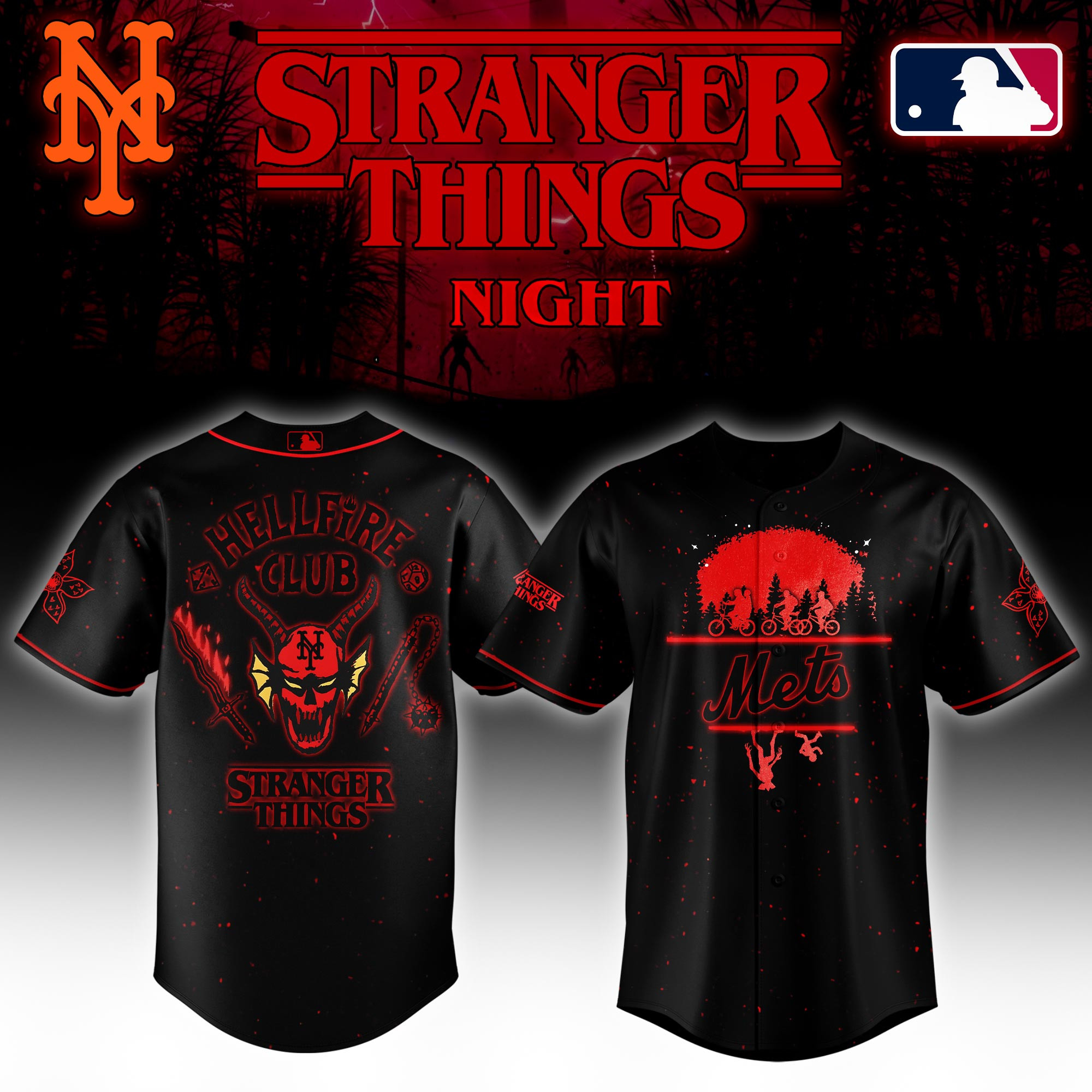 New York Mets Mlb X Stranger Things Night Baseball Jersey For Fans-1