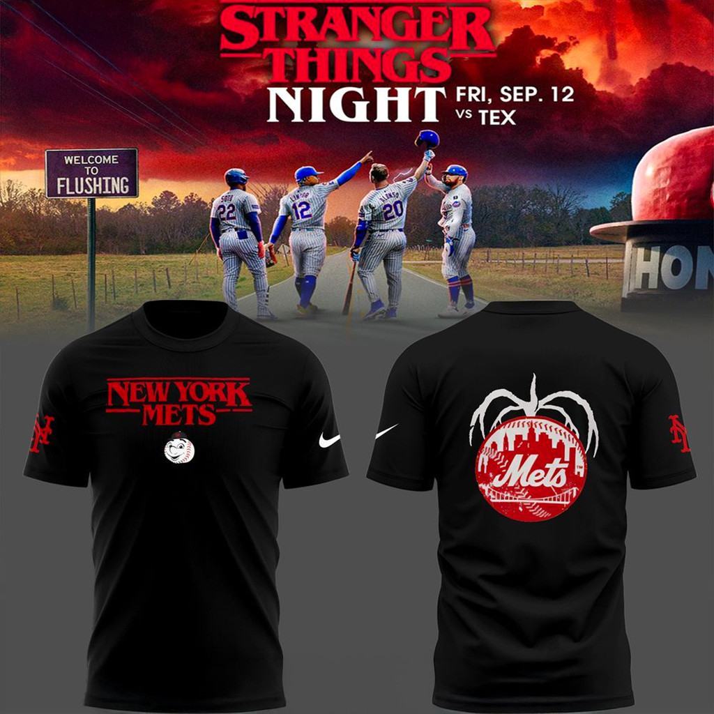 New York Mets X Stranger Things Night 25 Black T-Shirt New York Mets Merch Gifts For Him-1