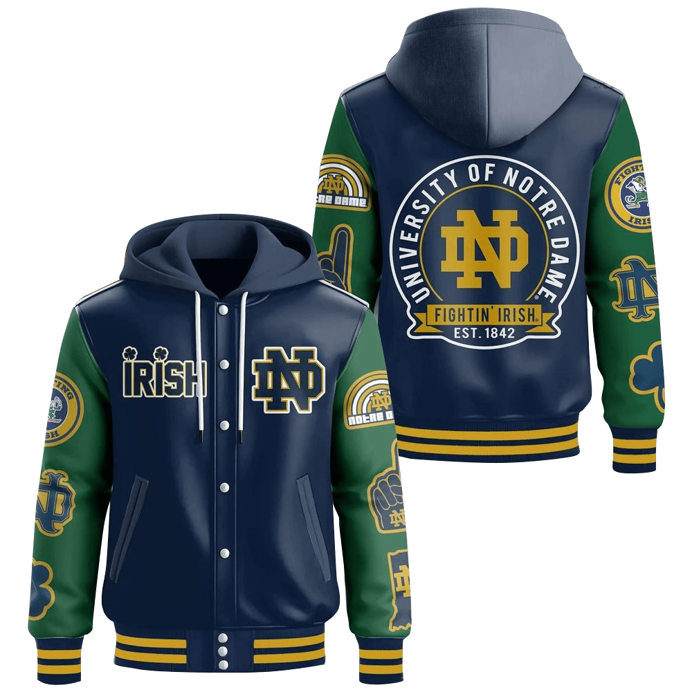 Notre Dame Fighting Irish Hooded Varsity Jacket Notre Dame Fighting Irish Merch Father's Day Gifts-1