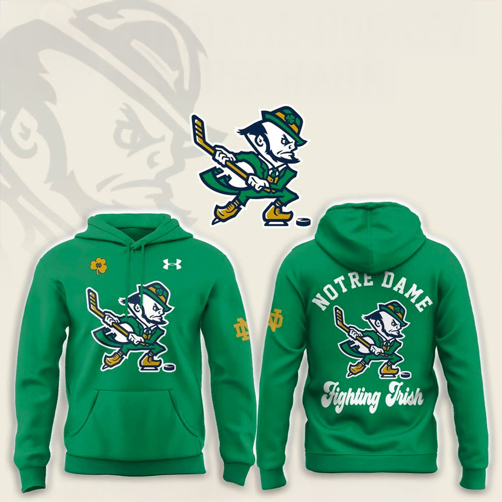 Notre Dame Hockey Team Leprechaun Green Hoodie Notre Dame Merch Ice Hockey Fan Gifts-1