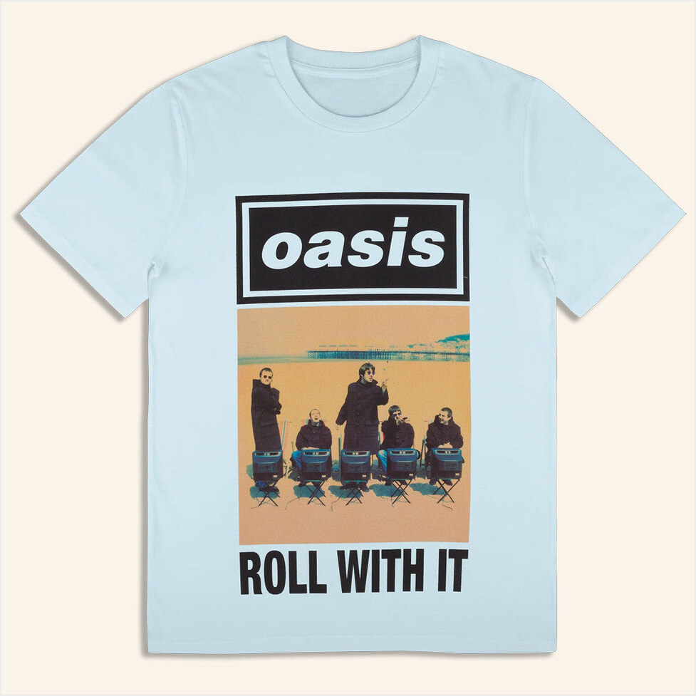 Oasis Merch 2025 Live 25 Roll With It Cover T-Shirt Light Blue Best Birthday Gifts For Wife-1