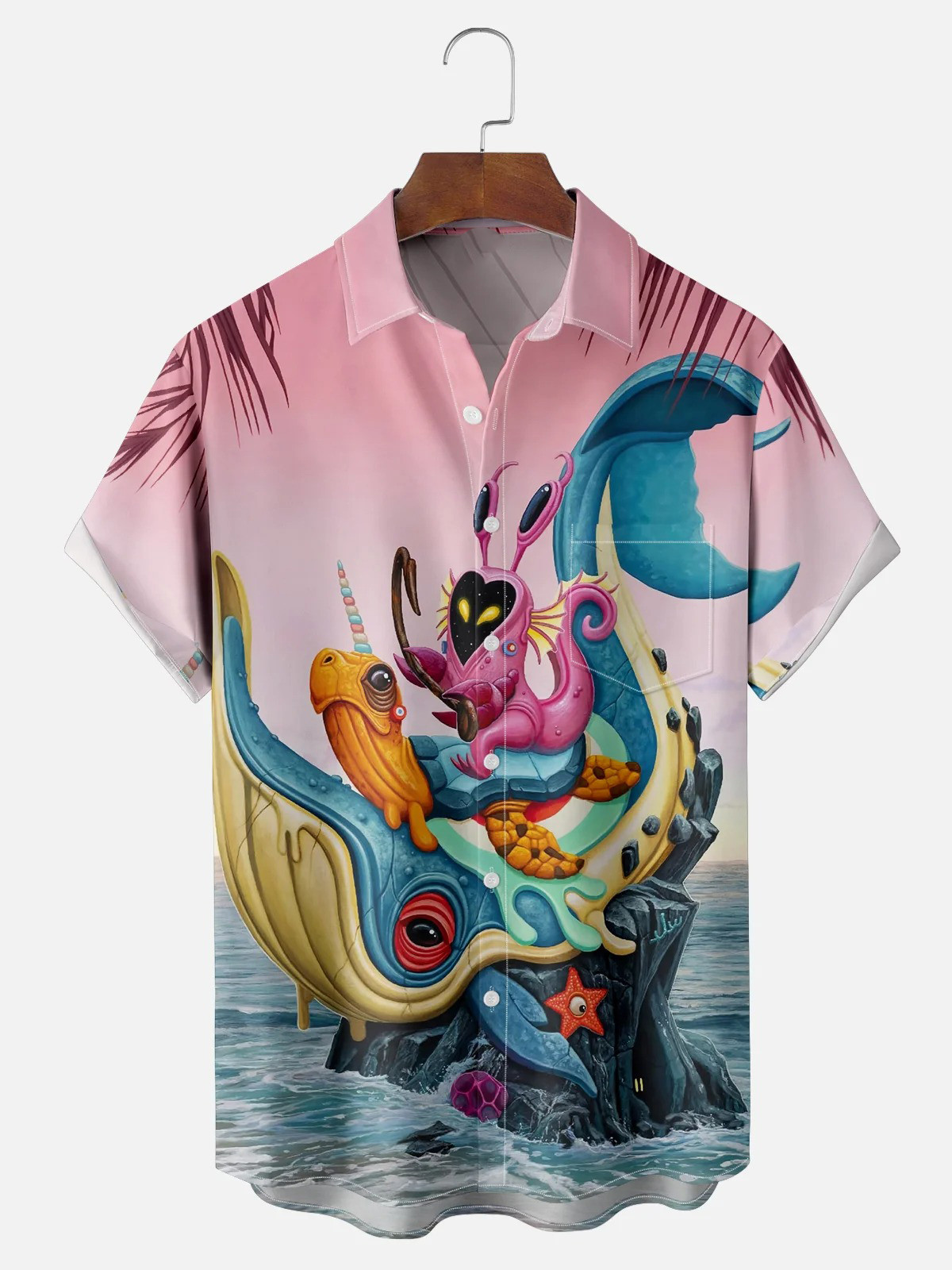 Ocean Elements Whale Sea Turtle Chest Pocket Hawaiian Shirt-1