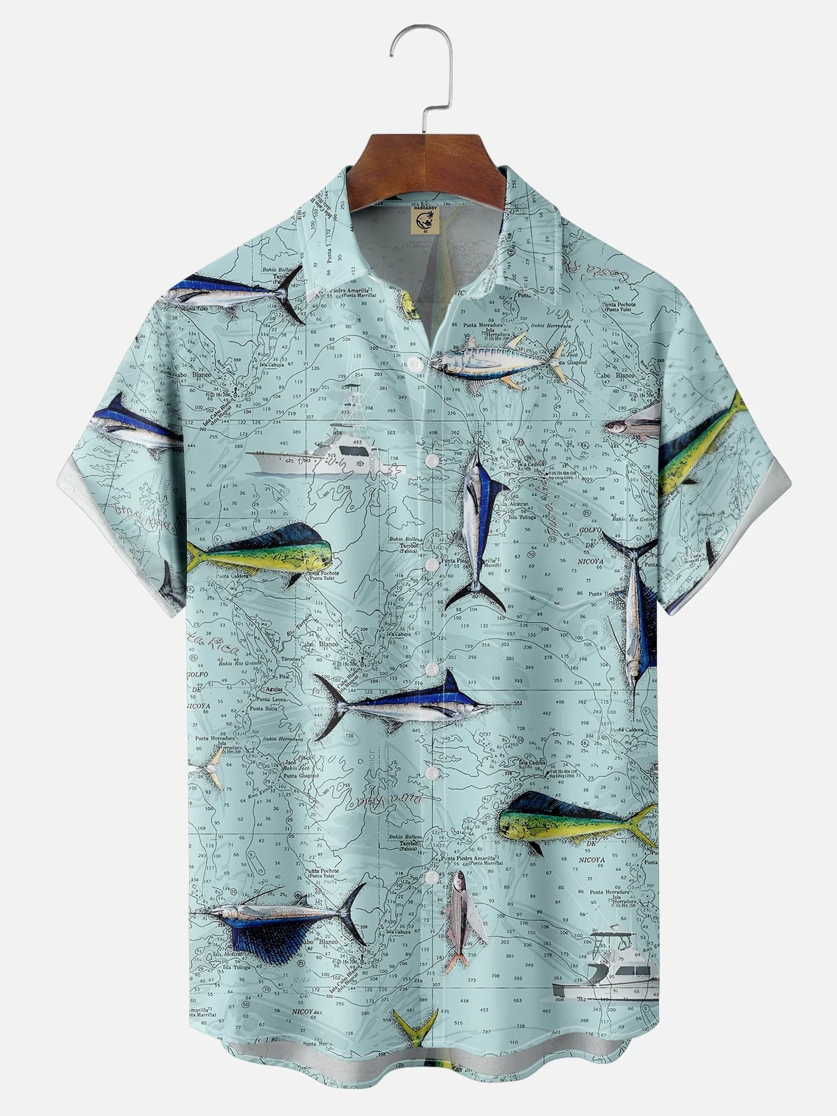 Ocean Fish Map Art Chest Pocket Hawaiian Shirt-1