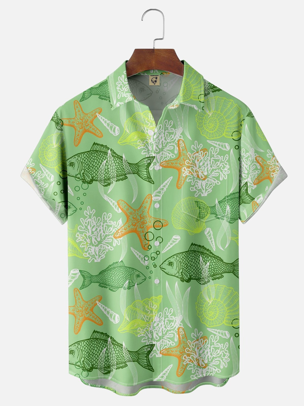 Ocean Fish Shell Starfish Chest Pocket Hawaiian Shirt-1