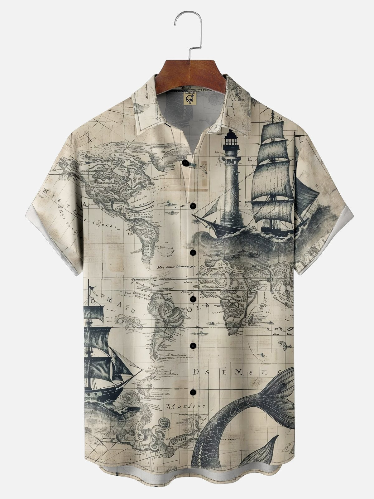 Ocean Map Sailboat Lighthouse Chest Pocket Casual Shirt-1