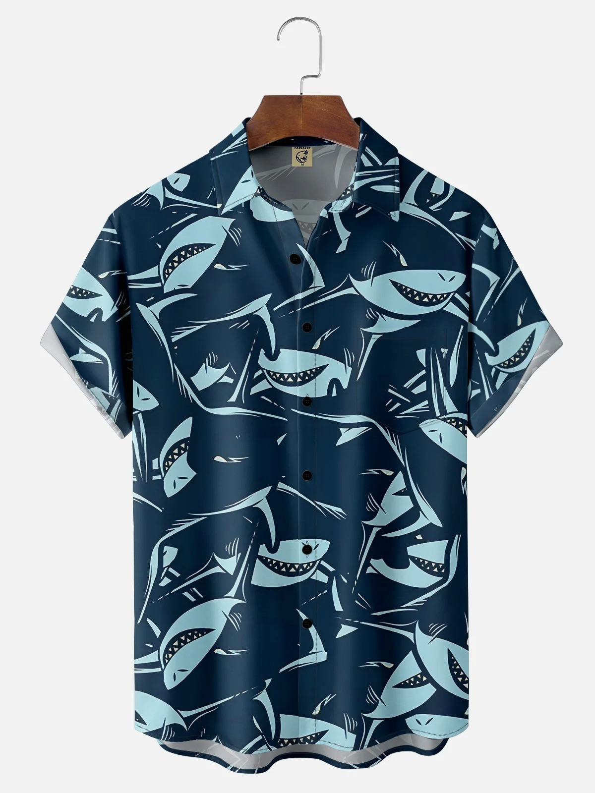 Ocean Shark Cartoon Fun Chest Pocket Hawaiian Shirt-1