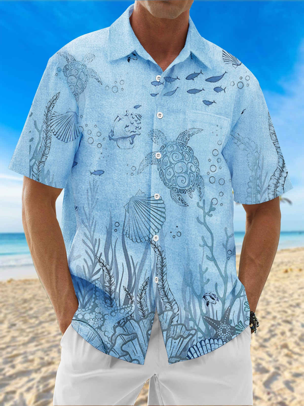 Ocean Turtle Chest Pocket Hawaiian Shirt-1