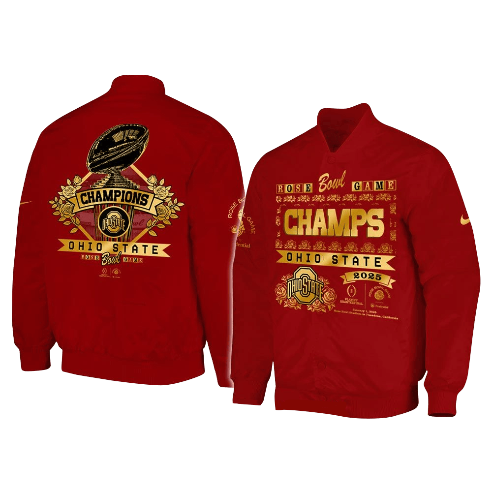 Ohio State Buckeyes Rose Bowl Champions 2025 Red Jacket Ohio State Buckeyes Merch Fans Gifts-1