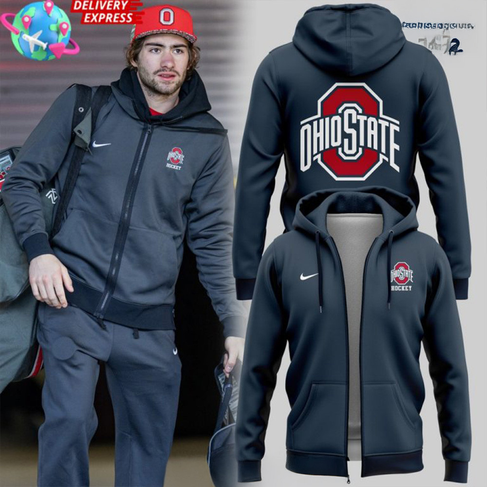 Ohio State Men's Hockey 2025 Navy Zip Hoodie Gifts For Father's Day From Wife-1
